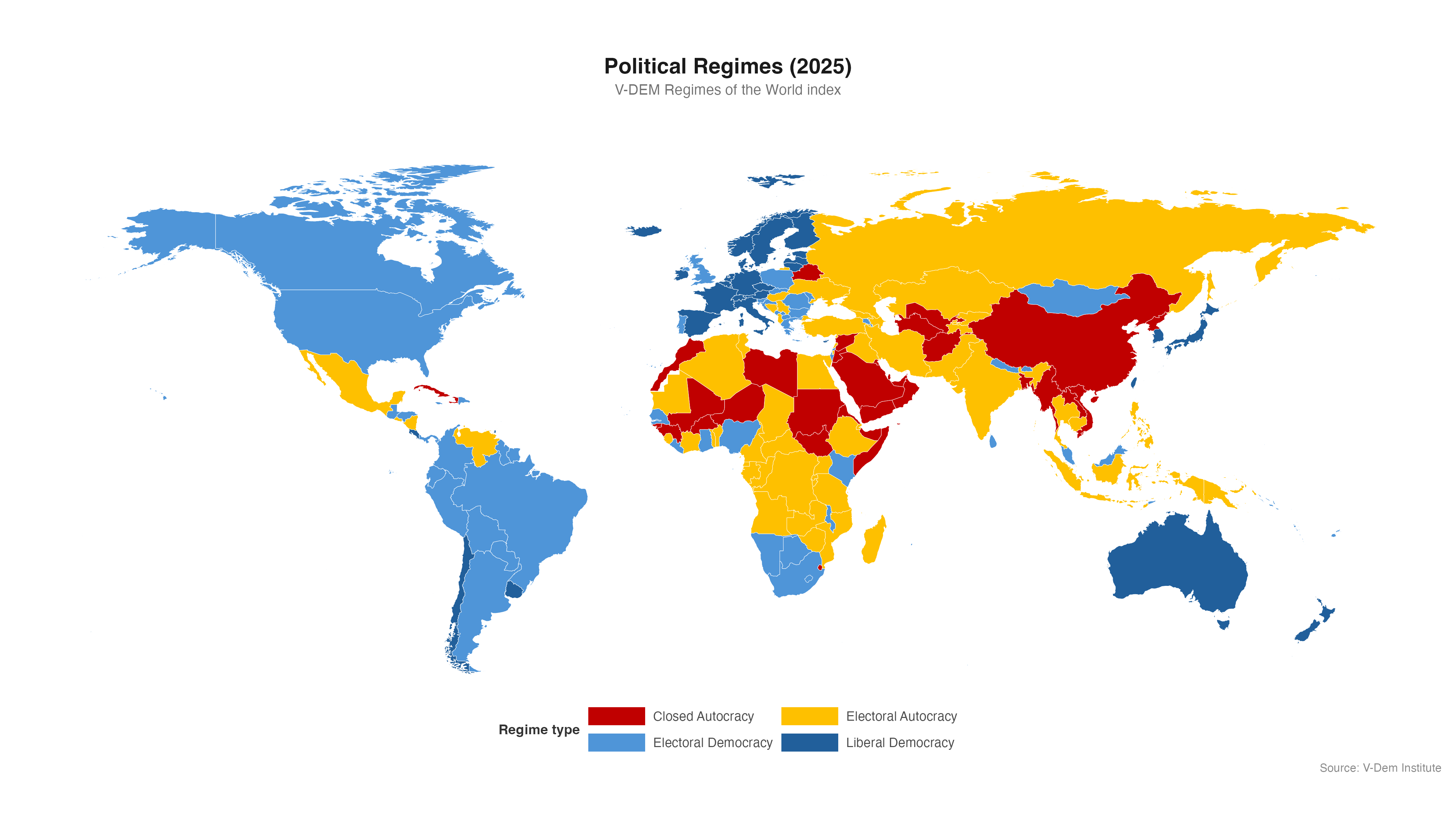 Wereldkaart van regimetypes in 2025 volgens V-Dem