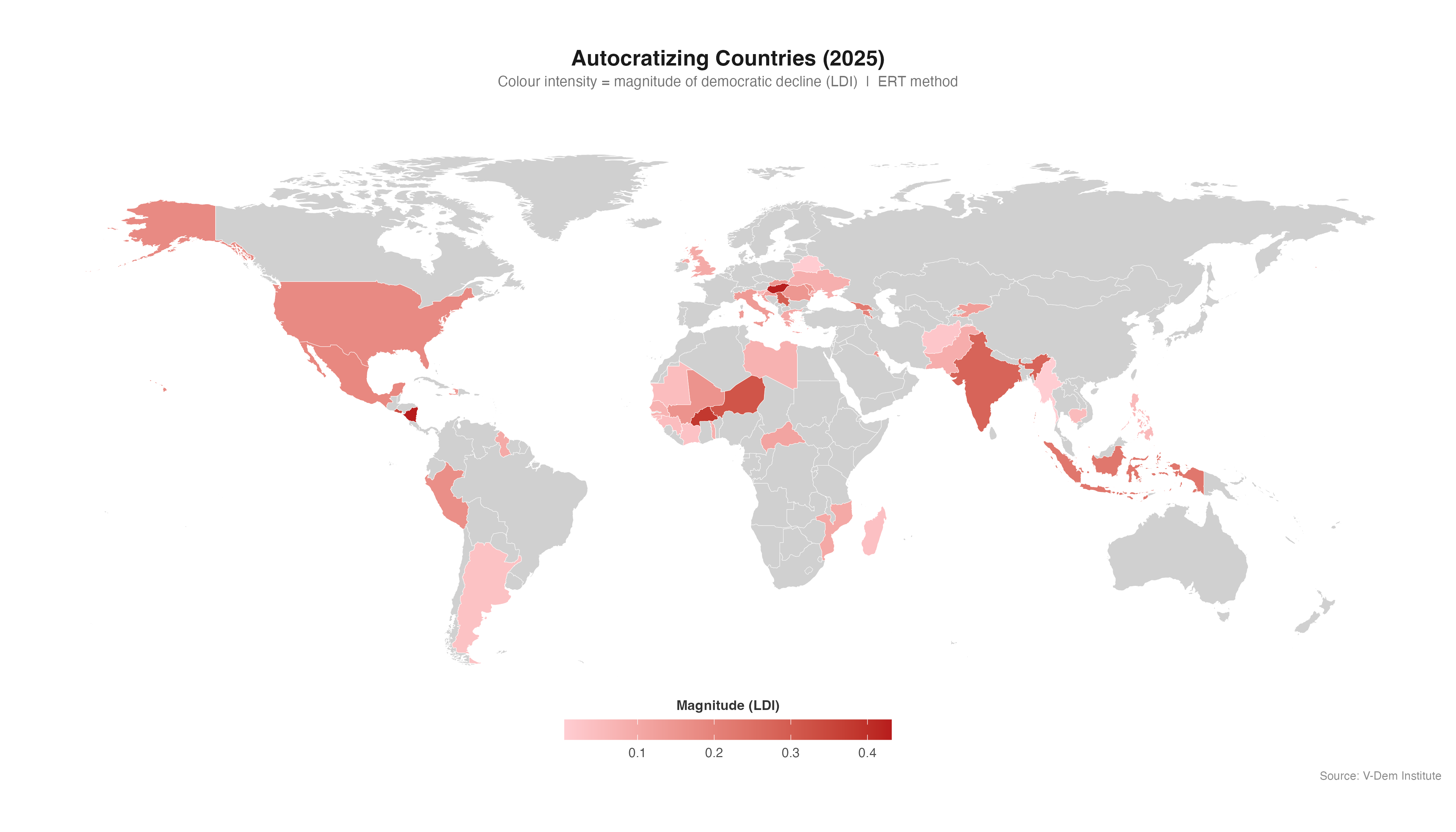 Wereldkaart van landen in een autocratiseringsperiode (V-Dem).