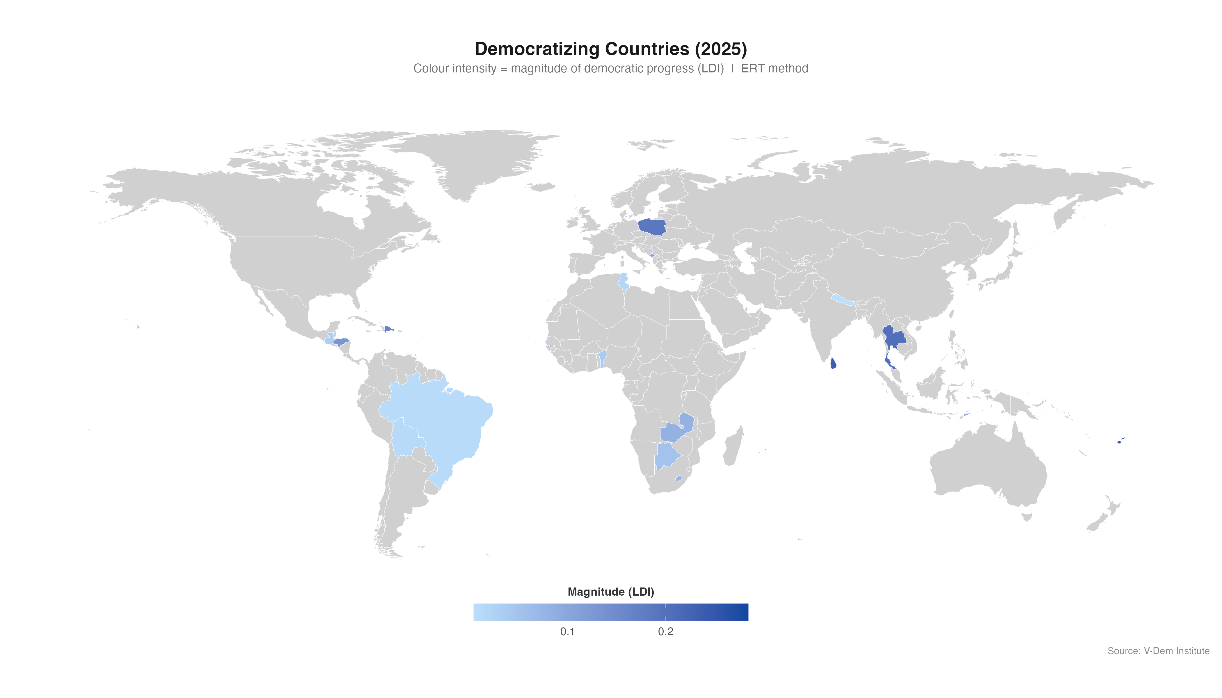 Wereldkaart van landen in een democratiseringsperiode (V-Dem).